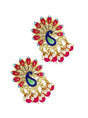 Gold plated peacock magenta meenakari drop earrings 4