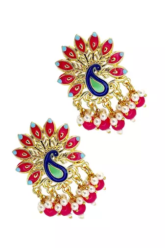 Gold plated peacock magenta meenakari drop earrings