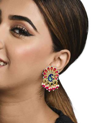 Gold plated peacock magenta meenakari drop earrings 5