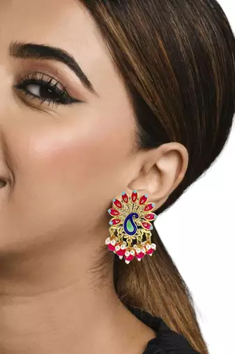 Gold plated peacock magenta meenakari drop earrings