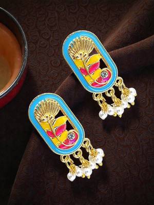 Gold plated turquoise enamel floral elongated drop earrings 1