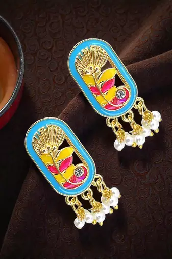 Gold plated turquoise enamel floral elongated drop earrings