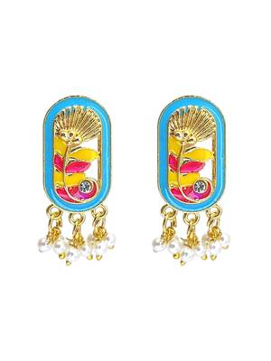 Gold plated turquoise enamel floral elongated drop earrings 2