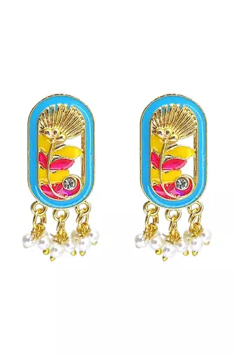 Gold plated turquoise enamel floral elongated drop earrings
