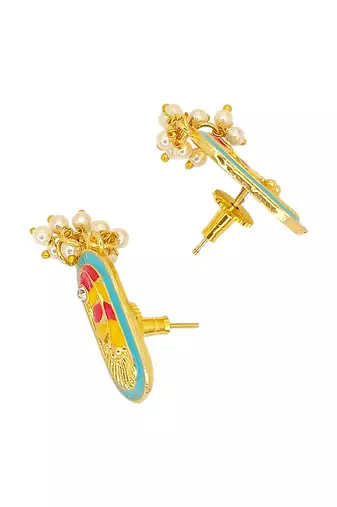 Gold plated turquoise enamel floral elongated drop earrings