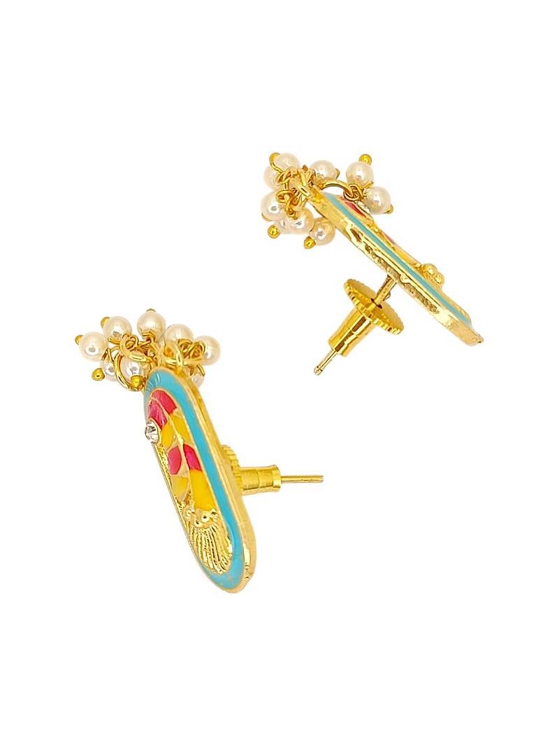 Gold plated turquoise enamel floral elongated drop earrings