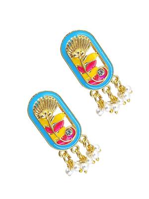 Gold plated turquoise enamel floral elongated drop earrings 4