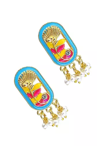 Gold plated turquoise enamel floral elongated drop earrings
