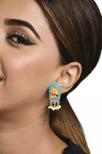 Gold plated turquoise enamel floral elongated drop earrings