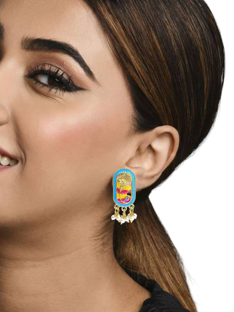 Gold plated turquoise enamel floral elongated drop earrings