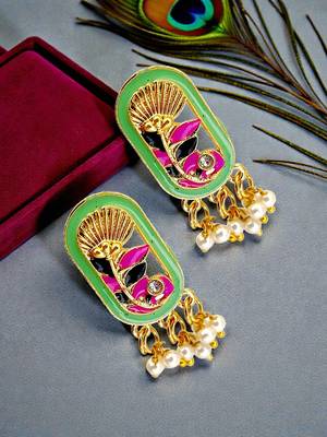 Gold plated lime green enamel floral elongated drop earrings 1