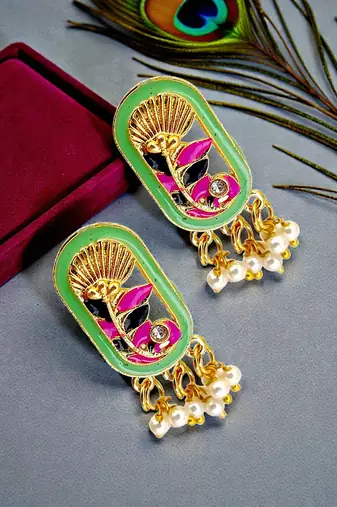 Gold plated lime green enamel floral elongated drop earrings