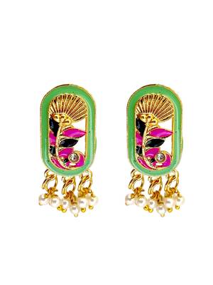 Gold plated lime green enamel floral elongated drop earrings 2