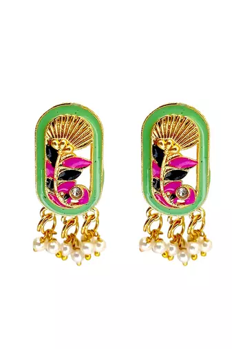Gold plated lime green enamel floral elongated drop earrings