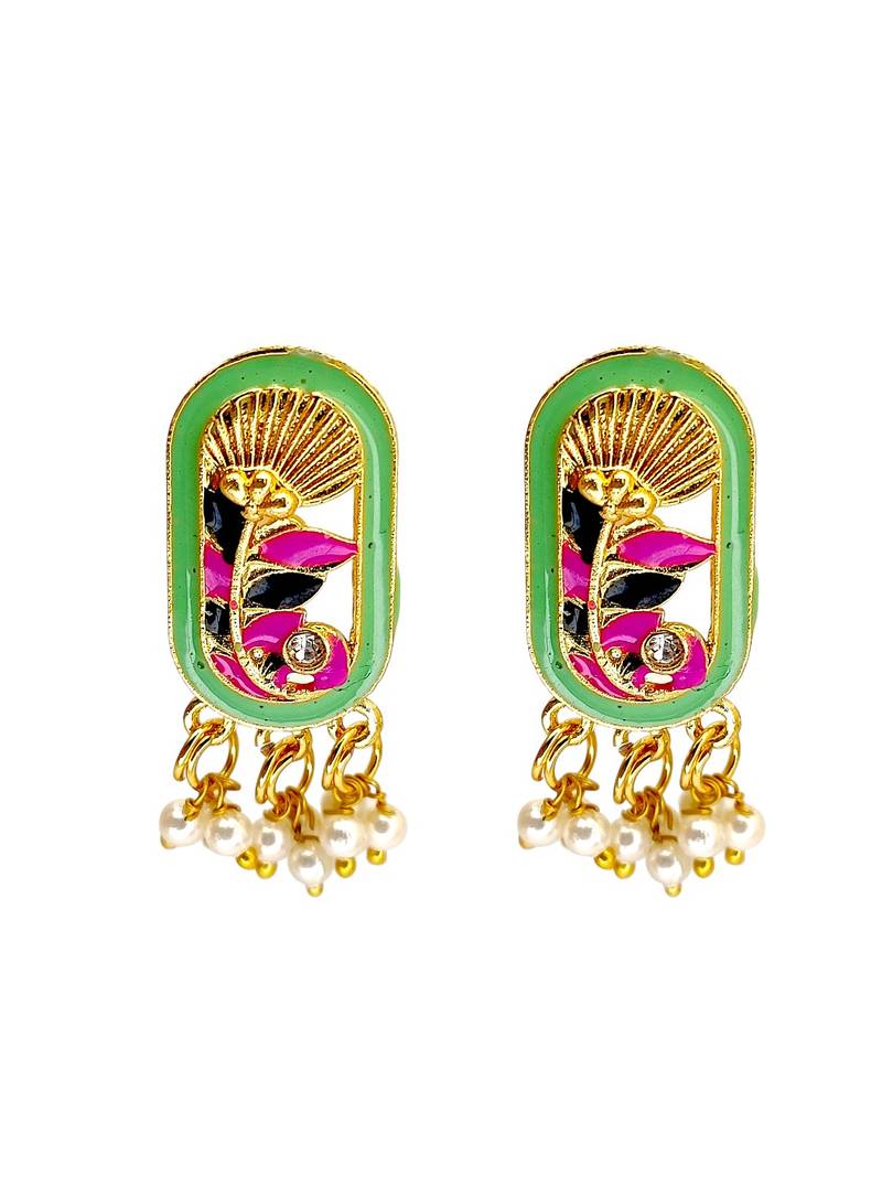 Gold plated lime green enamel floral elongated drop earrings
