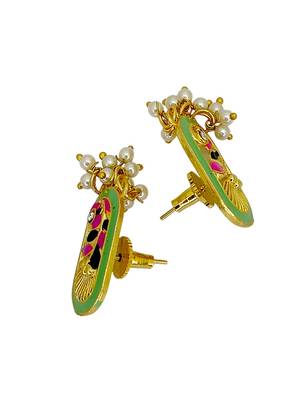 Gold plated lime green enamel floral elongated drop earrings 3