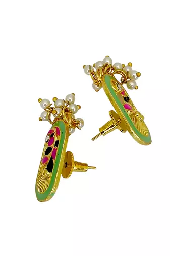 Gold plated lime green enamel floral elongated drop earrings