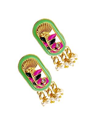 Gold plated lime green enamel floral elongated drop earrings 4