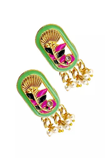 Gold plated lime green enamel floral elongated drop earrings