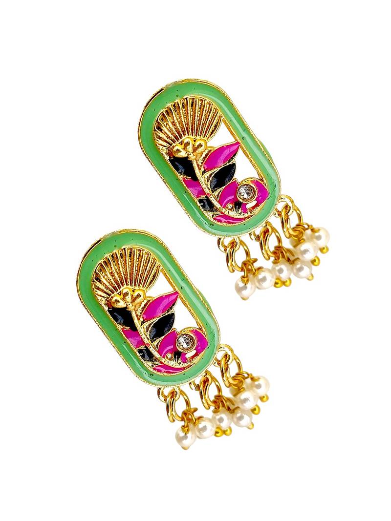 Gold plated lime green enamel floral elongated drop earrings