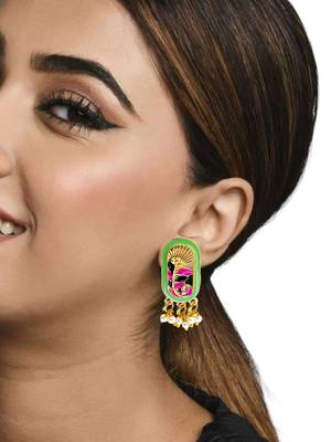 Gold plated lime green enamel floral elongated drop earrings 5