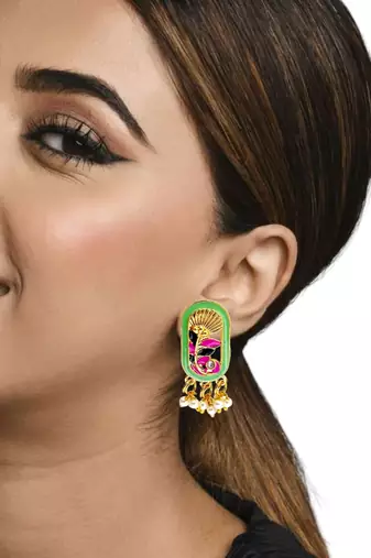Gold plated lime green enamel floral elongated drop earrings