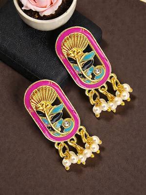 Gold plated magenta enamel floral elongated drop earrings 1