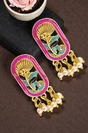 Gold plated magenta enamel floral elongated drop earrings
