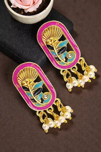 Gold plated magenta enamel floral elongated drop earrings