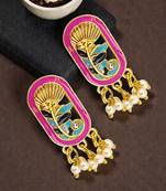 Gold plated magenta enamel floral elongated drop earrings
