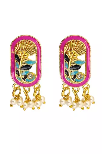 Gold plated magenta enamel floral elongated drop earrings