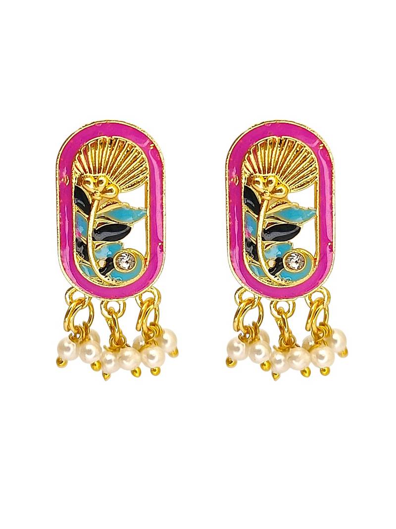 Gold plated magenta enamel floral elongated drop earrings