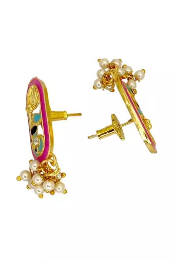 Gold plated magenta enamel floral elongated drop earrings