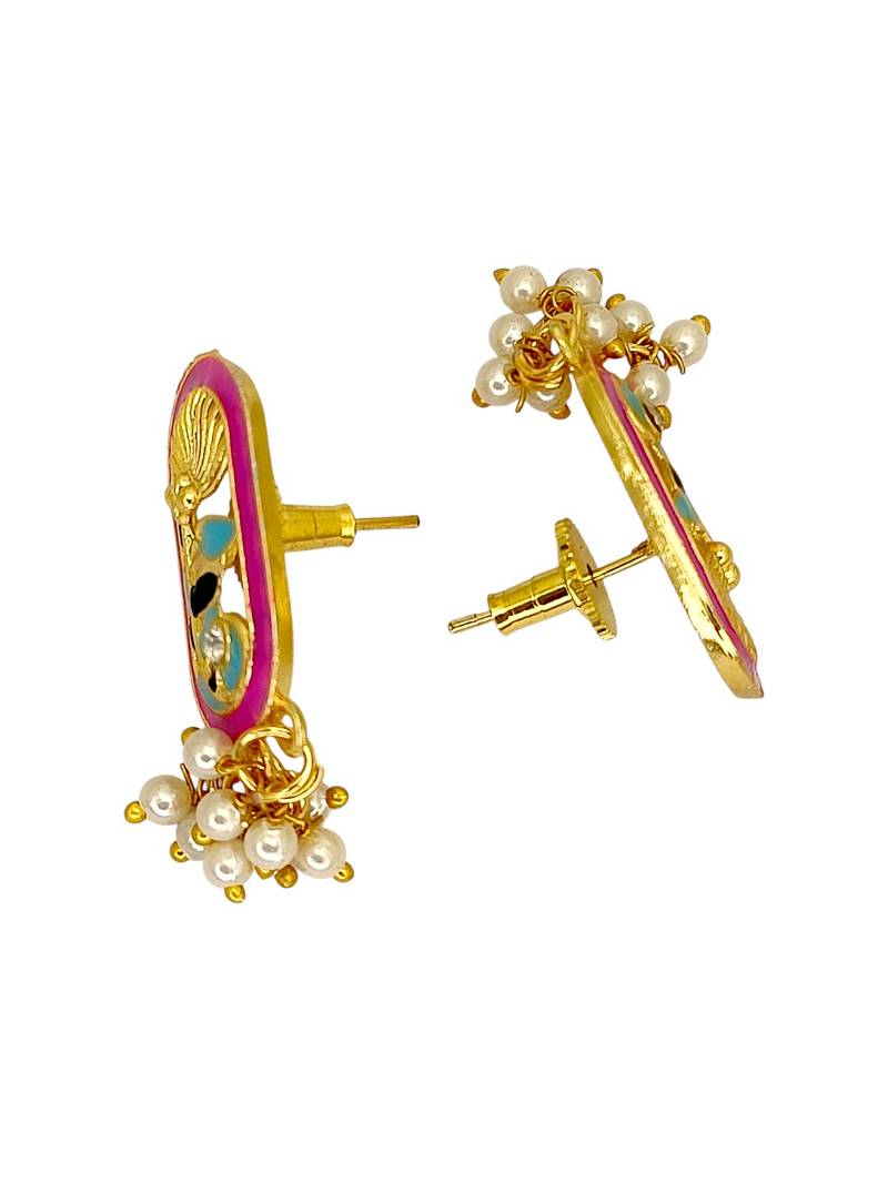 Gold plated magenta enamel floral elongated drop earrings