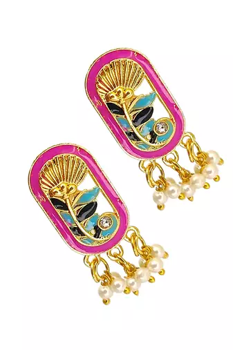 Gold plated magenta enamel floral elongated drop earrings