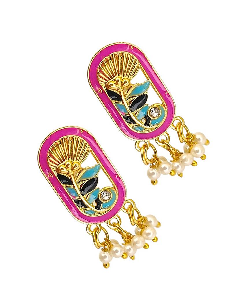 Gold plated magenta enamel floral elongated drop earrings