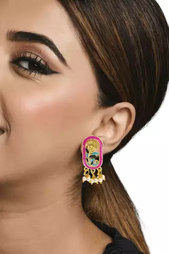 Gold plated magenta enamel floral elongated drop earrings
