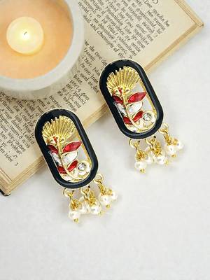 Gold plated black enamel floral elongated drop earrings 1
