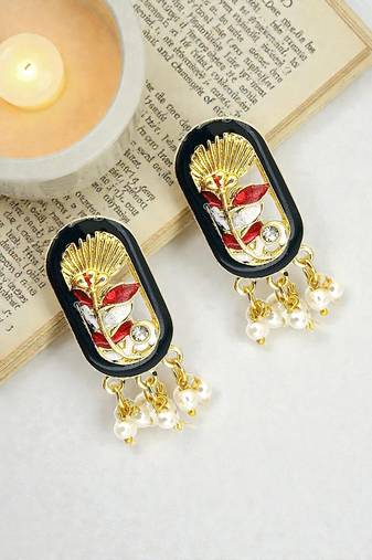 Gold plated black enamel floral elongated drop earrings