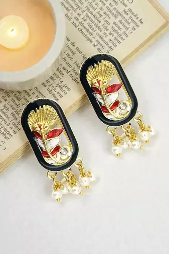 Gold plated black enamel floral elongated drop earrings