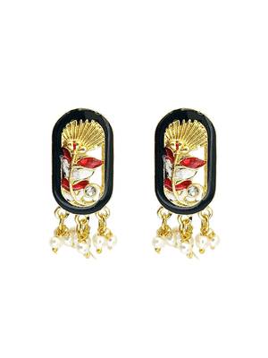 Gold plated black enamel floral elongated drop earrings 2
