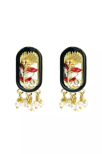 Gold plated black enamel floral elongated drop earrings
