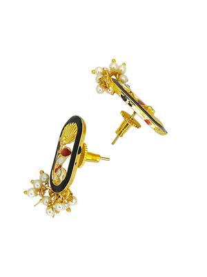 Gold plated black enamel floral elongated drop earrings 3