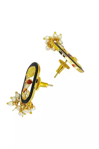 Gold plated black enamel floral elongated drop earrings