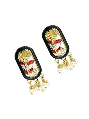 Gold plated black enamel floral elongated drop earrings 4