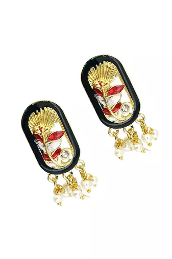 Gold plated black enamel floral elongated drop earrings