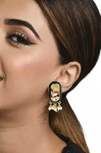 Gold plated black enamel floral elongated drop earrings