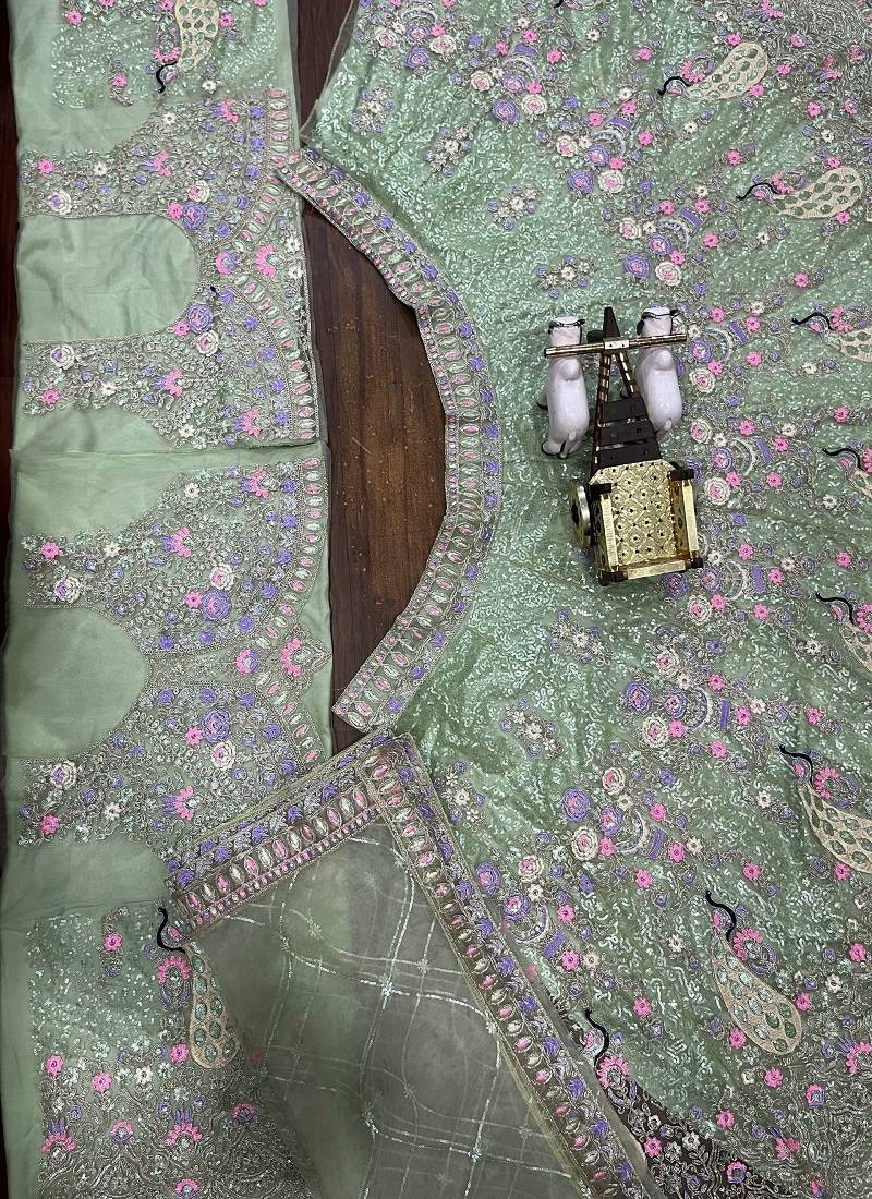 Sea Green Color Coding Sequins Work Butterfly Net Lehenga Choli Dupatta Set