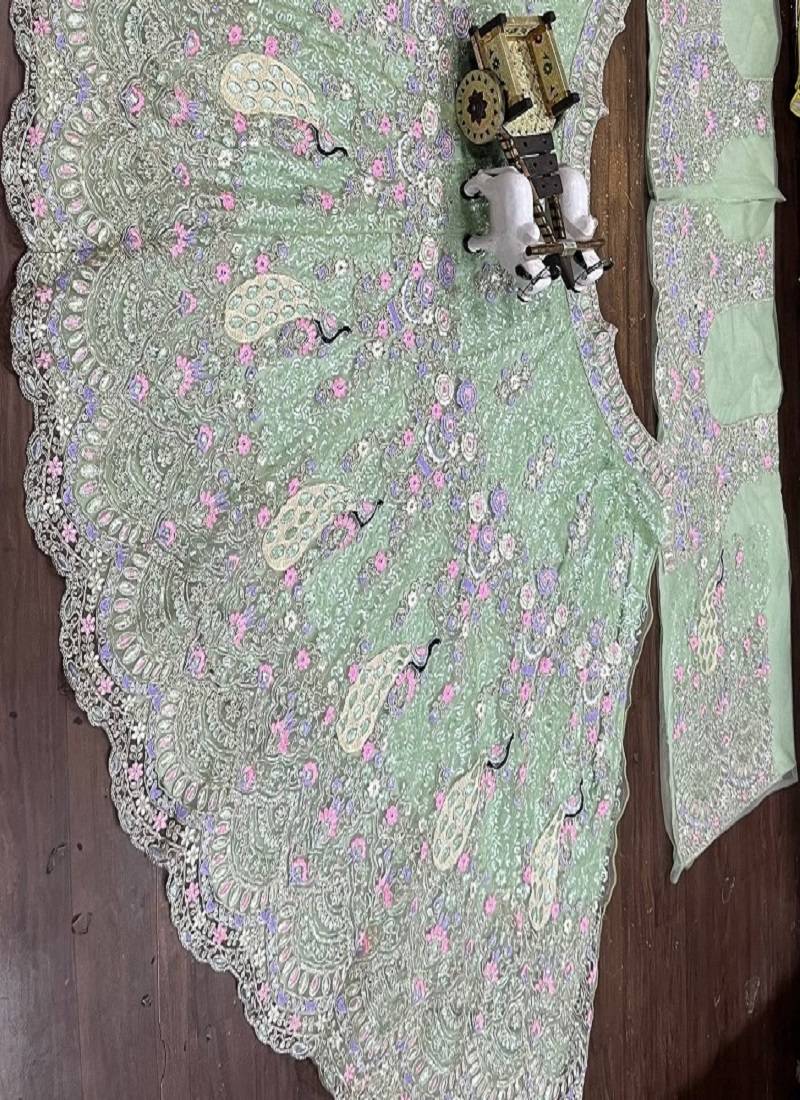 Sea Green Color Coding Sequins Work Butterfly Net Lehenga Choli Dupatta Set