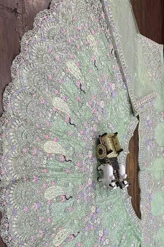 Sea Green Color Coding Sequins Work Butterfly Net Lehenga Choli Dupatta Set